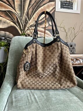 Gucci Beige Brown GG Canvas Tote with Black Leather Trim